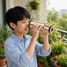 小朋友在露台用木製望遠鏡望遠處（AI示意圖）