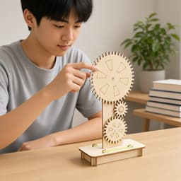 在書枱轉動木製齒輪模型（AI示意圖）