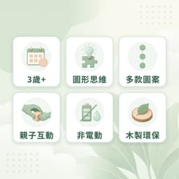 七巧板特點：3歲+、圖形思維、多款圖案、親子互動、非電動、木製環保