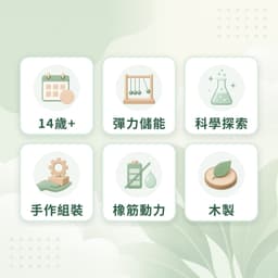 橡筋車特點：14歲+、彈力儲能、科學探索、手作組裝、橡筋動力、木製