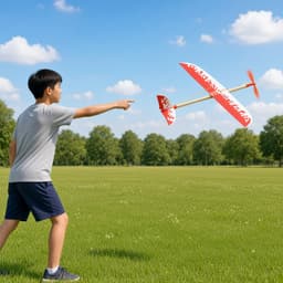 在空曠草地放飛橡筋滑翔機（AI示意圖）