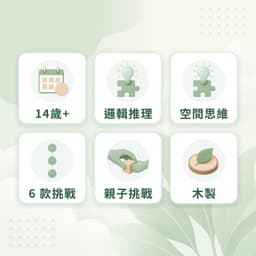 魯班鎖特點：14歲+、邏輯推理、空間思維、6 款挑戰、親子挑戰、木製