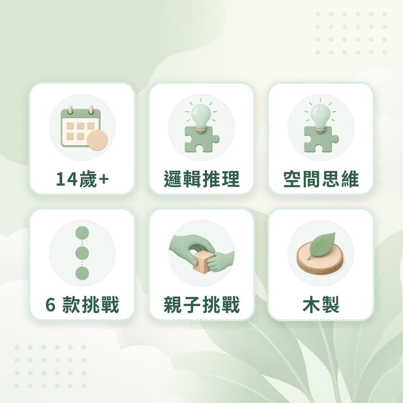 魯班鎖特點：14歲+、邏輯推理、空間思維、6 款挑戰、親子挑戰、木製