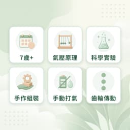 氣壓動力車特點：7歲+、氣壓原理、科學實驗、手作組裝、手動打氣、齒輪傳動