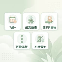 萬花尺特點：7歲+、創意繪畫、圓形與齒輪、百變花紋、不用電池