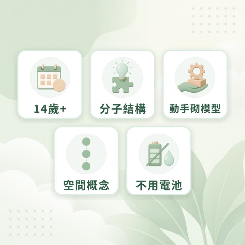 分子模型特點：14歲+、分子結構、動手砌模型、空間概念、不用電池