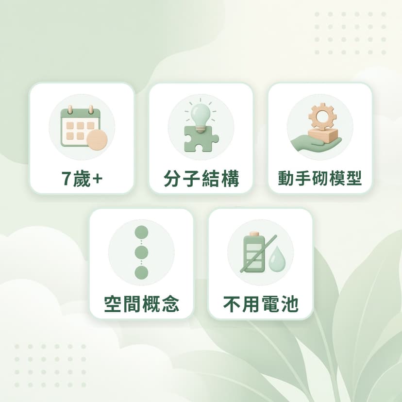 分子模型特點：7歲+、分子結構、動手砌模型、空間概念、不用電池