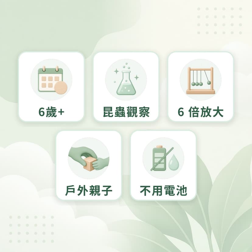 捕蟲觀察器特點：6歲+、昆蟲觀察、6 倍放大、戶外親子、不用電池