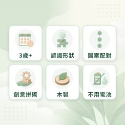 圖案拼塊特點：3歲+、認識形狀、圖案配對、創意拼砌、木製、不用電池