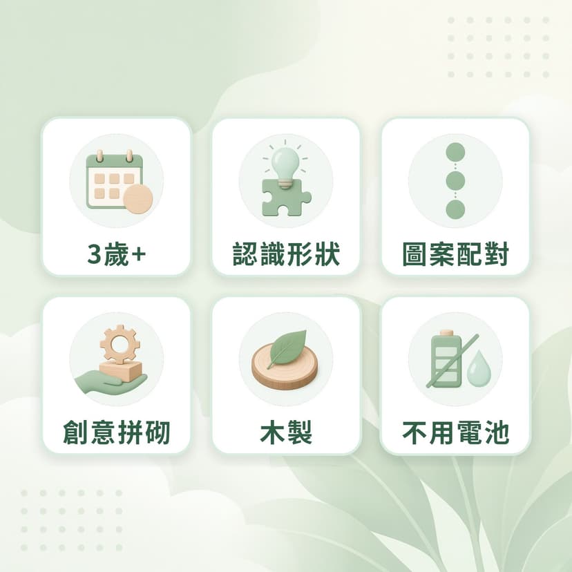 圖案拼塊特點：3歲+、認識形狀、圖案配對、創意拼砌、木製、不用電池