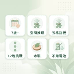 五格拼板特點：7歲+、空間推理、五格拼板、12塊挑戰、木製、不用電池