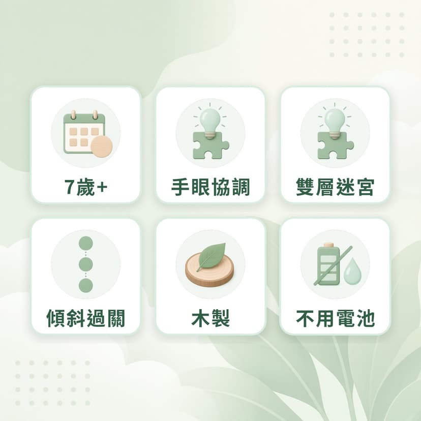 迷宮特點：7歲+、手眼協調、雙層迷宮、傾斜過關、木製、不用電池