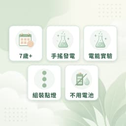 手搖發電特點：7歲+、手搖發電、電能實驗、組裝點燈、不用電池