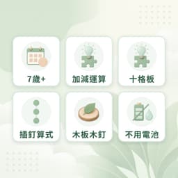 十格加減板特點：7歲+、加減運算、十格板、插釘算式、木板木釘、不用電池