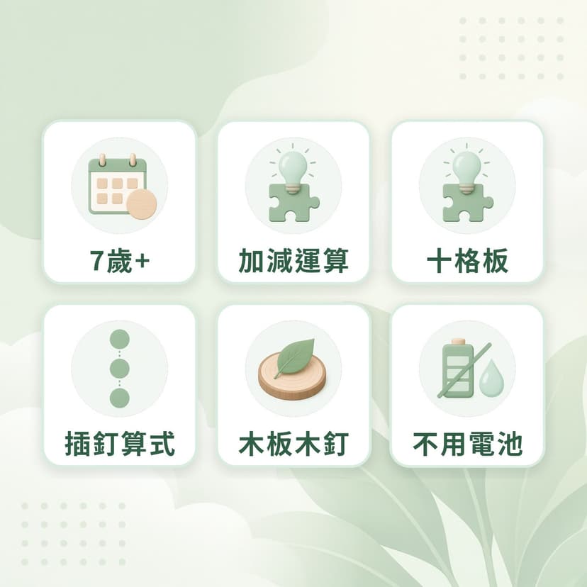 十格加減板特點：7歲+、加減運算、十格板、插釘算式、木板木釘、不用電池
