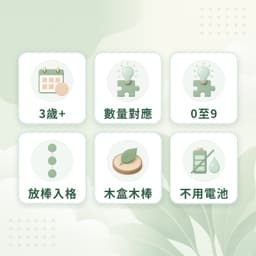 紡錘棒箱特點：3歲+、數量對應、0至9、放棒入格、木盒木棒、不用電池