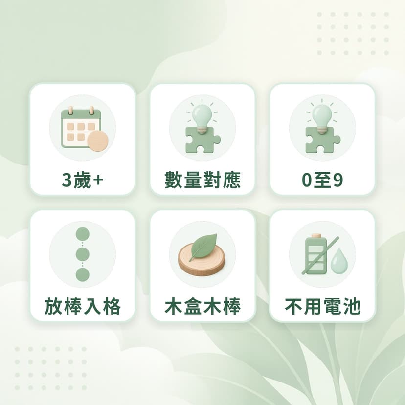 紡錘棒箱特點：3歲+、數量對應、0至9、放棒入格、木盒木棒、不用電池