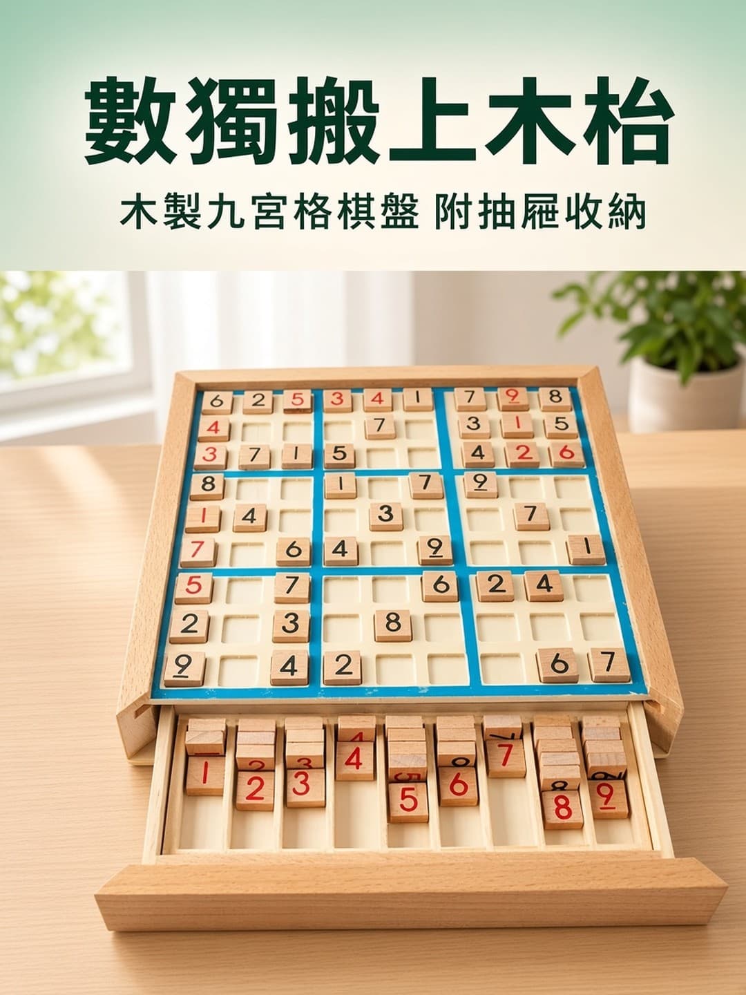 木製九宮格數獨棋盤 附抽屜